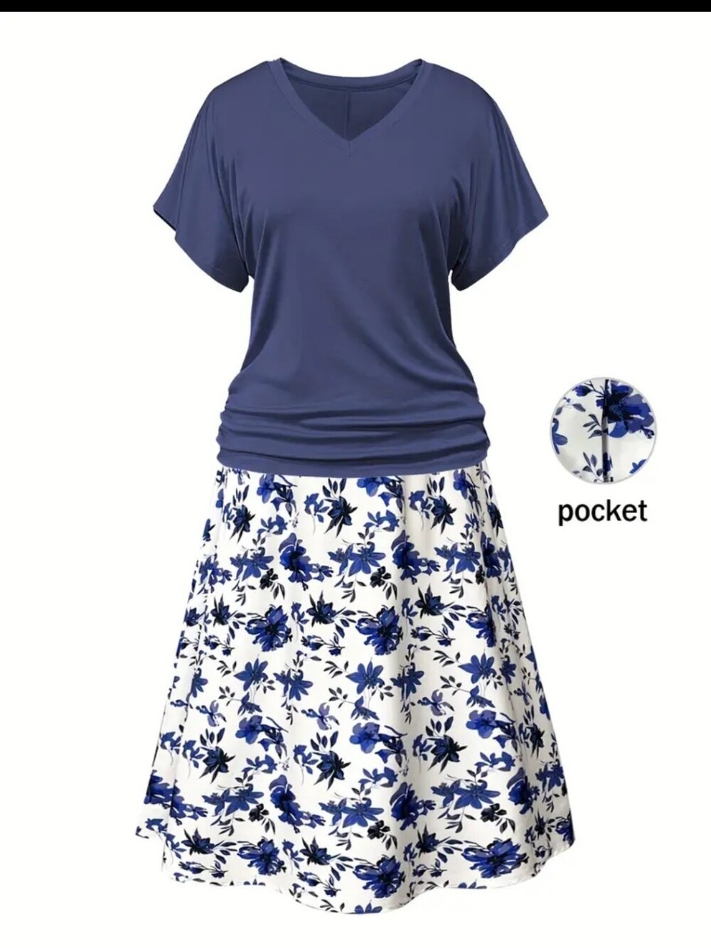 Women's Blue Floral A-Line Skirt And Short Sleeve Blouse